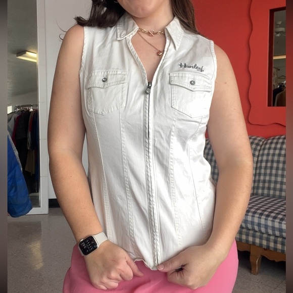 Y2K Harley Davidson White Embroidered Zip Up Vest Size Large - Picture 1 of 8